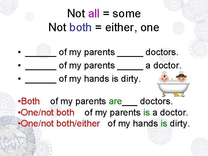 Not all = some Not both = either, one • ______ of my parents