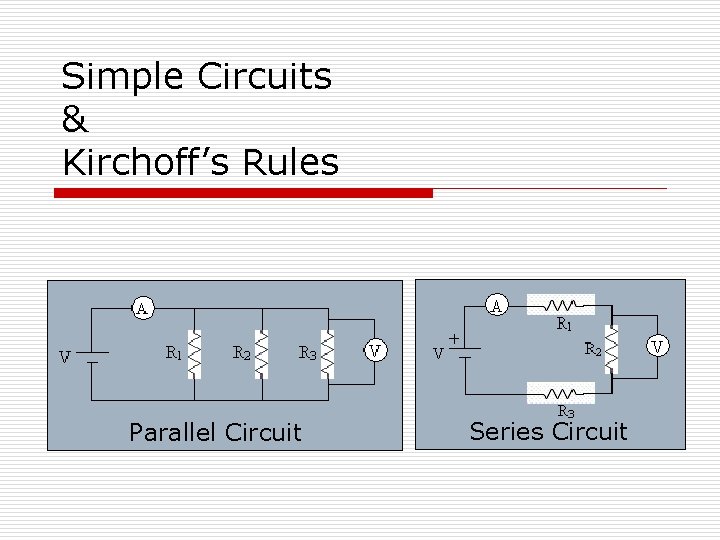 Simple Circuits & Kirchoff’s Rules Parallel Circuit Series Circuit 