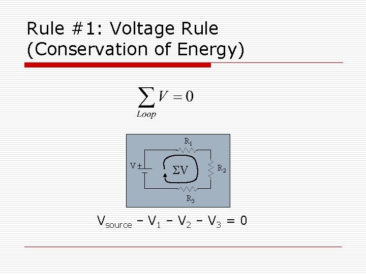 Rule #1: Voltage Rule (Conservation of Energy) R 1 V+ ΣV R 2 R