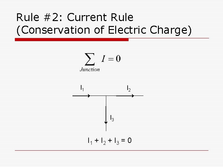 Rule #2: Current Rule (Conservation of Electric Charge) I 1 I 2 I 3