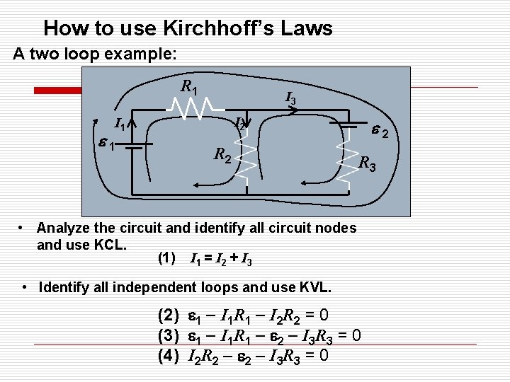 How to use Kirchhoff’s Laws A two loop example: R 1 I 3 I