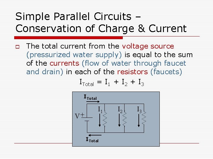 Simple Parallel Circuits – Conservation of Charge & Current o The total current from