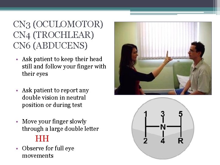 CN 3 (OCULOMOTOR) CN 4 (TROCHLEAR) CN 6 (ABDUCENS) • Ask patient to keep
