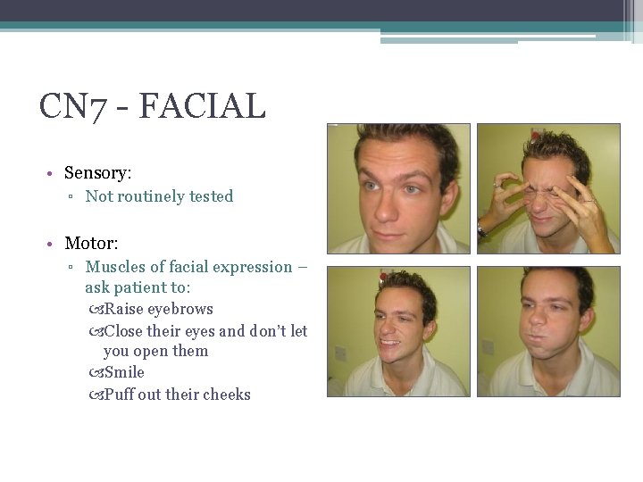 CN 7 - FACIAL • Sensory: ▫ Not routinely tested • Motor: ▫ Muscles