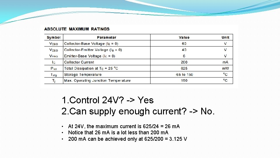 1. Control 24 V? -> Yes 2. Can supply enough current? -> No. • 1. Control 24 V? -> Yes 2. Can supply enough current? -> No. •
