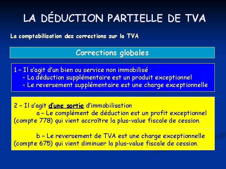 LA DÉDUCTION PARTIELLE DE TVA La comptabilisation des corrections sur la TVA Corrections globales LA DÉDUCTION PARTIELLE DE TVA La comptabilisation des corrections sur la TVA Corrections globales