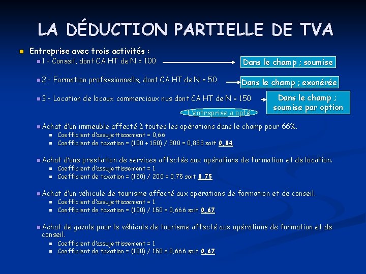 LA DÉDUCTION PARTIELLE DE TVA n Entreprise avec trois activités : n 1 – LA DÉDUCTION PARTIELLE DE TVA n Entreprise avec trois activités : n 1 –