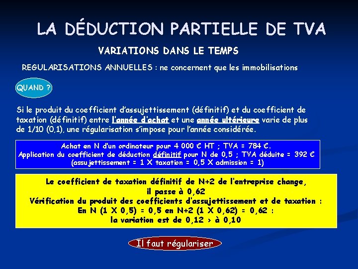 LA DÉDUCTION PARTIELLE DE TVA VARIATIONS DANS LE TEMPS REGULARISATIONS ANNUELLES : ne concernent LA DÉDUCTION PARTIELLE DE TVA VARIATIONS DANS LE TEMPS REGULARISATIONS ANNUELLES : ne concernent
