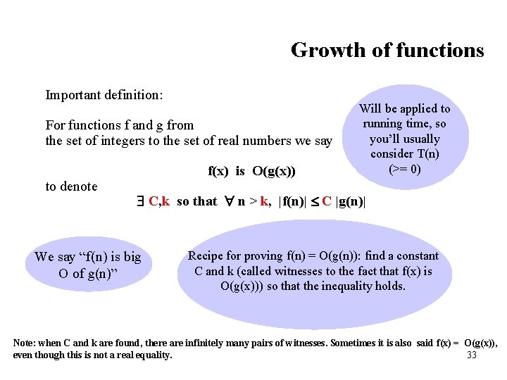  Growth of functions Important definition: For functions f and g from the set