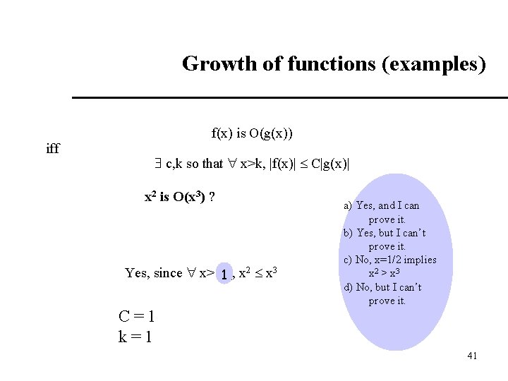  Growth of functions (examples) iff f(x) is O(g(x)) c, k so that x>k,