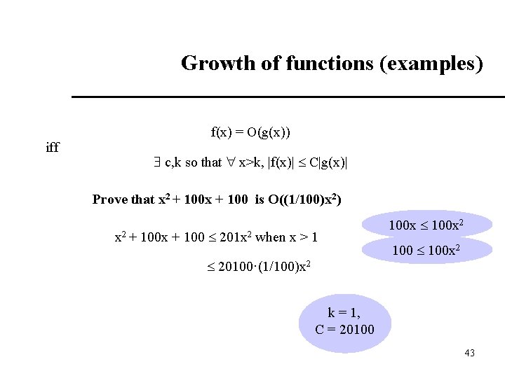  Growth of functions (examples) iff f(x) = O(g(x)) c, k so that x>k,