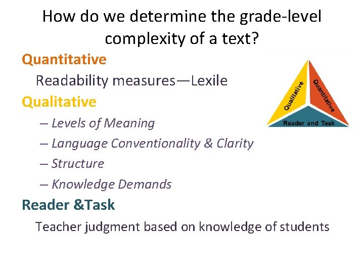 How do we determine the grade-level complexity of a text? Quantitative Readability measures—Lexile Qualitative