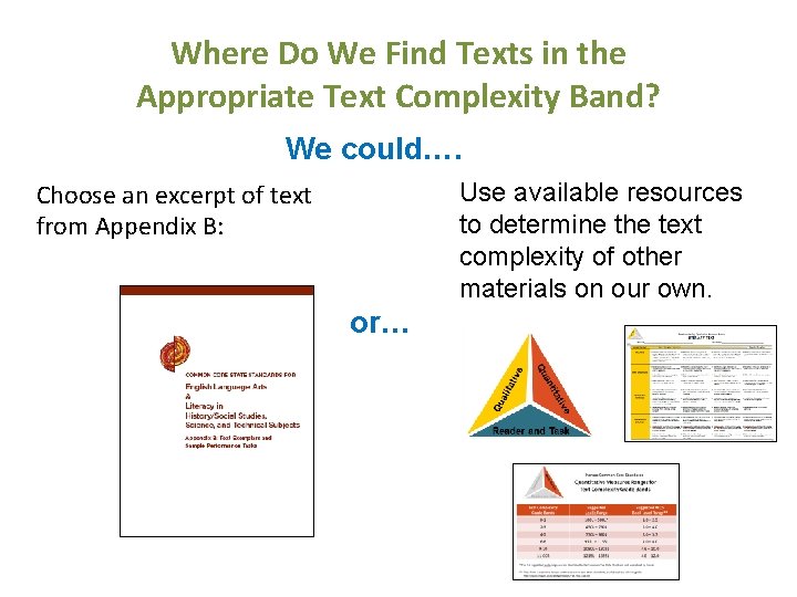 Where Do We Find Texts in the Appropriate Text Complexity Band? We could…. Use