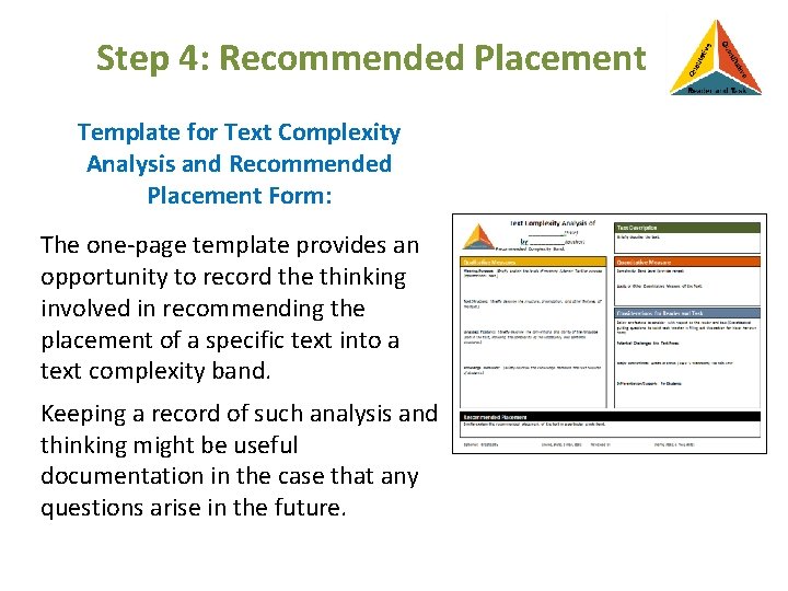 Step 4: Recommended Placement Template for Text Complexity Analysis and Recommended Placement Form: The