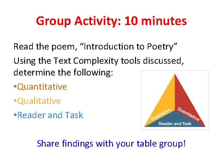 Group Activity: 10 minutes Read the poem, “Introduction to Poetry” Using the Text Complexity