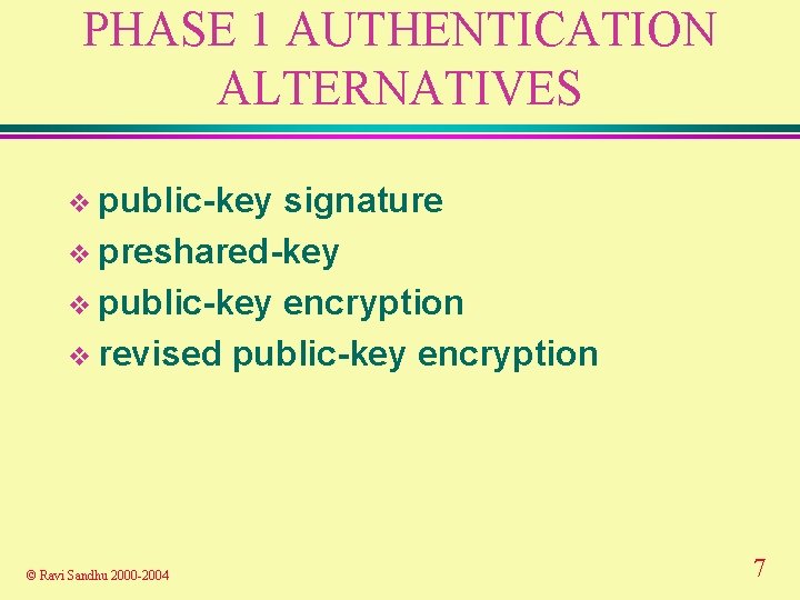 PHASE 1 AUTHENTICATION ALTERNATIVES v public-key signature v preshared-key v public-key encryption v revised