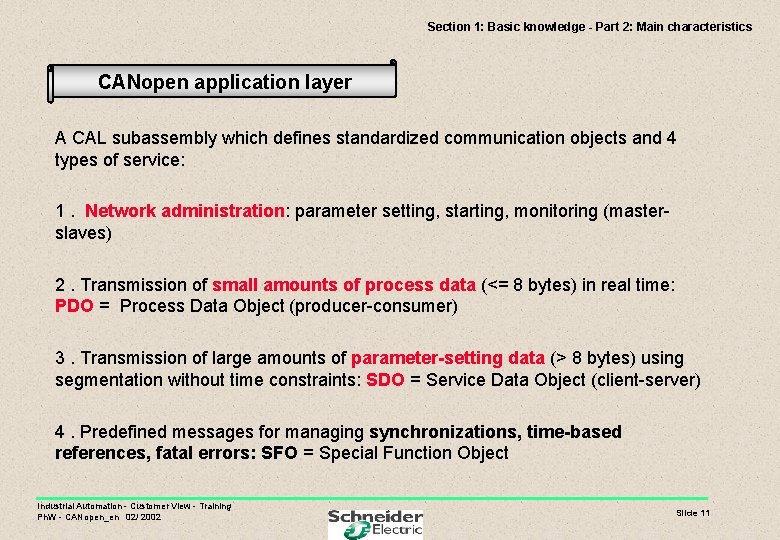 Section 1: Basic knowledge - Part 2: Main characteristics CANopen application layer A CAL
