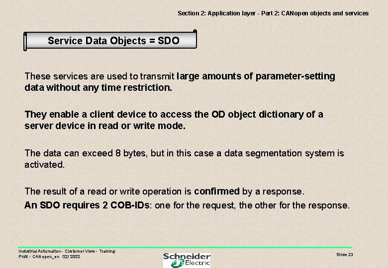 Section 2: Application layer - Part 2: CANopen objects and services Service Data Objects