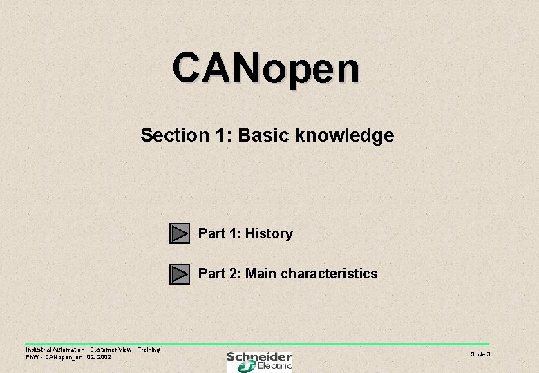 CANopen Section 1: Basic knowledge Part 1: History Part 2: Main characteristics Industrial Automation