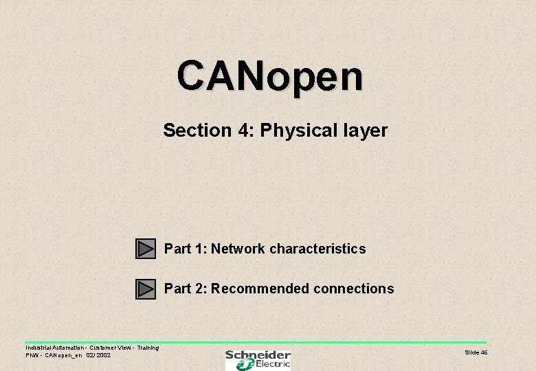 CANopen Section 4: Physical layer Part 1: Network characteristics Part 2: Recommended connections Industrial