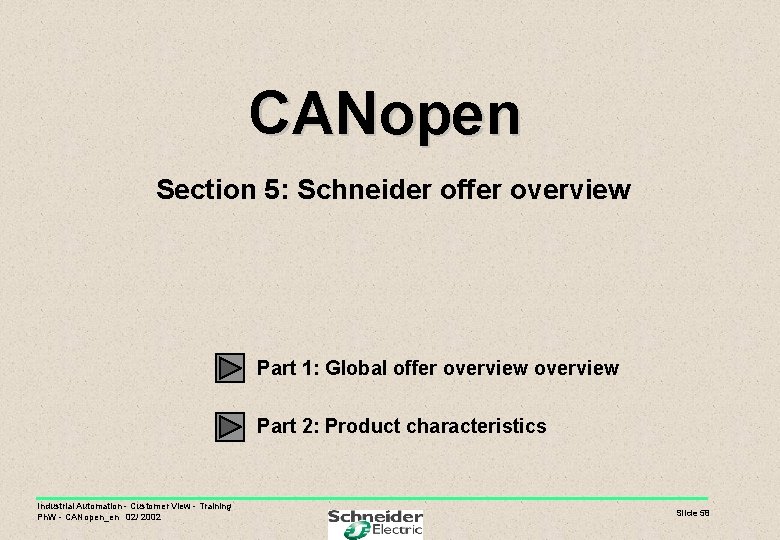 CANopen Section 5: Schneider offer overview Part 1: Global offer overview Part 2: Product