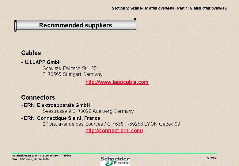 Section 5: Schneider offer overview - Part 1: Global offer overview Recommended suppliers Cables