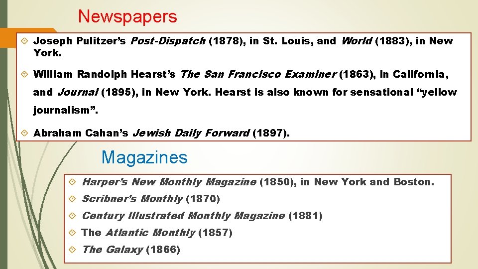 Newspapers Joseph Pulitzer’s Post-Dispatch (1878), in St. Louis, and World (1883), in New York.