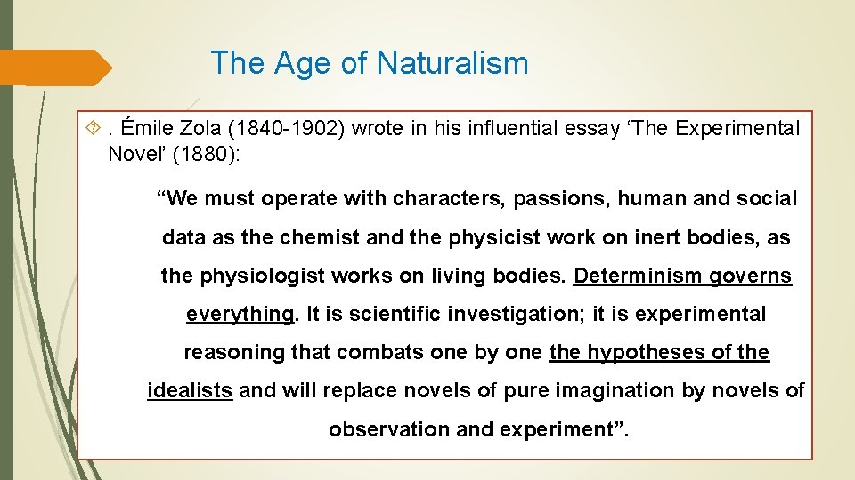 The Age of Naturalism . Émile Zola (1840 -1902) wrote in his influential essay