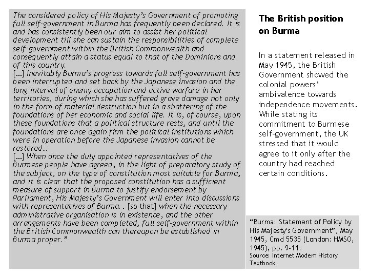 The considered policy of His Majesty’s Government of promoting full self-government in Burma has The considered policy of His Majesty’s Government of promoting full self-government in Burma has
