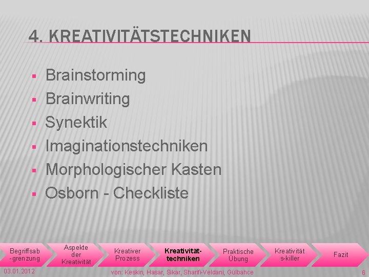 4. KREATIVITÄTSTECHNIKEN § § § Begriffsab -grenzung 03. 01. 2012 Brainstorming Brainwriting Synektik Imaginationstechniken