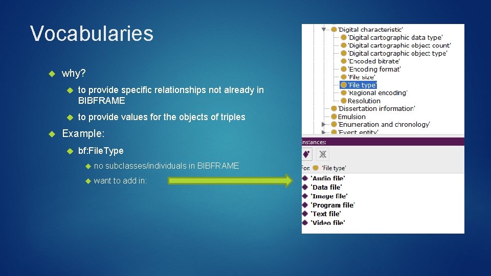 Vocabularies why? to provide specific relationships not already in BIBFRAME to provide values for