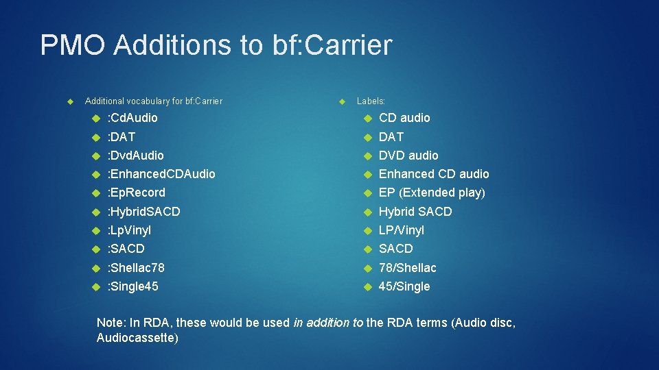 PMO Additions to bf: Carrier Additional vocabulary for bf: Carrier Labels: : Cd. Audio