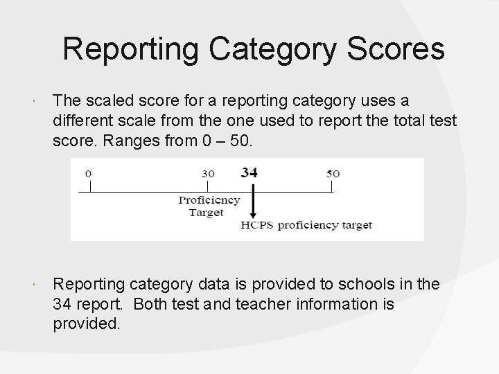 Reporting Category Scores The scaled score for a reporting category uses a different scale
