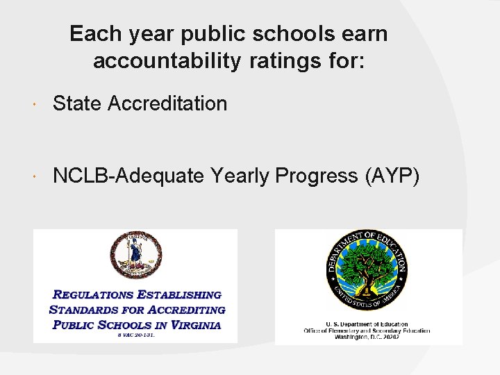 Each year public schools earn accountability ratings for: State Accreditation NCLB-Adequate Yearly Progress (AYP)