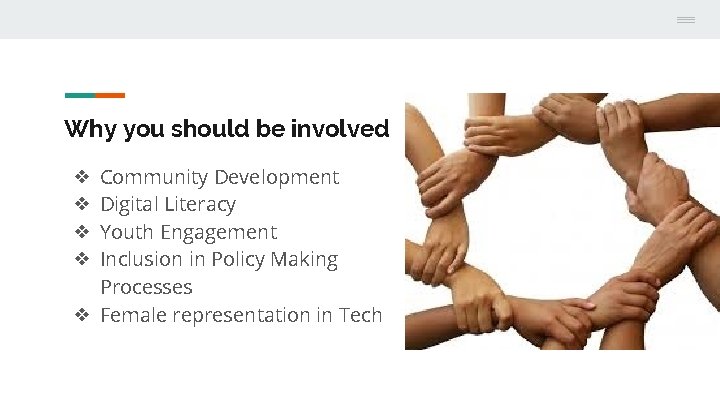 Why you should be involved Community Development Digital Literacy Youth Engagement Inclusion in Policy