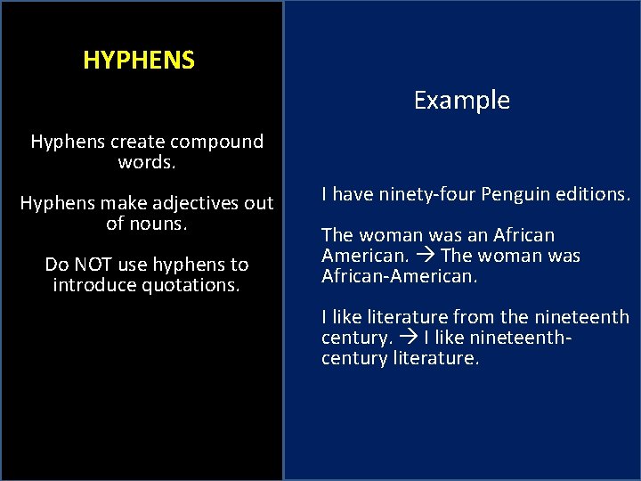 HYPHENS Example Hyphens create compound words. Hyphens make adjectives out of nouns. Do NOT