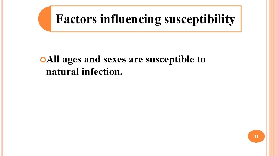 Factors influencing susceptibility All ages and sexes are susceptible to natural infection. 11 