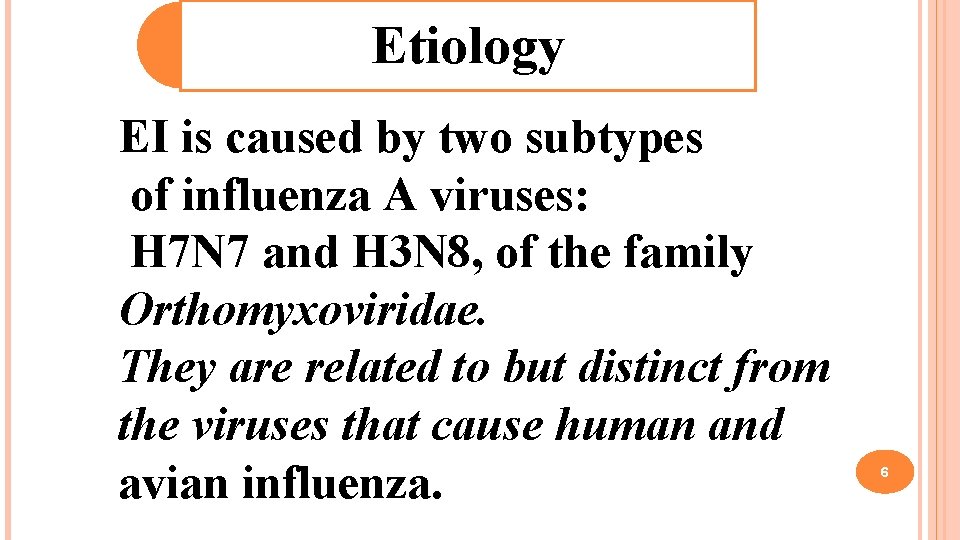 Etiology EI is caused by two subtypes of influenza A viruses: H 7 N