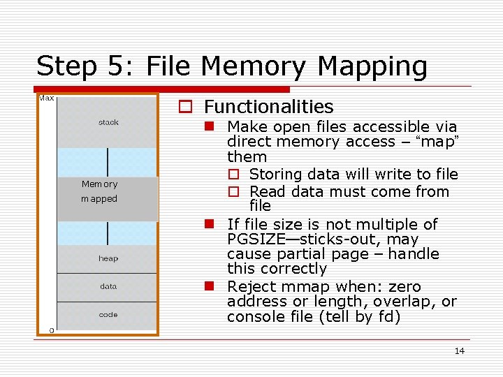 Step 5: File Memory Mapping o Functionalities Memory mapped n Make open files accessible