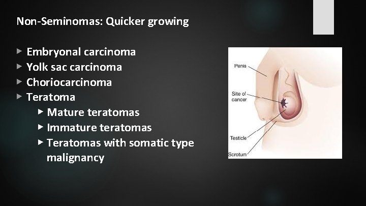 Non-Seminomas: Quicker growing ▶ ▶ Embryonal carcinoma Yolk sac carcinoma Choriocarcinoma Teratoma ▶ Mature