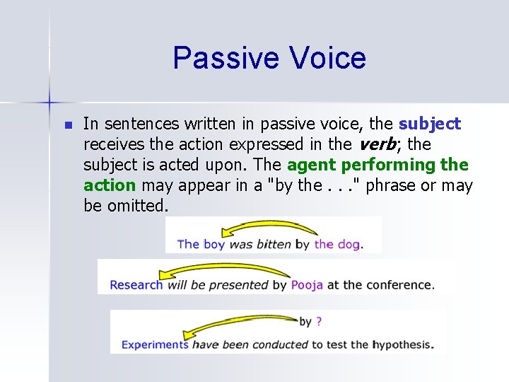 Passive Voice n In sentences written in passive voice, the subject receives the action