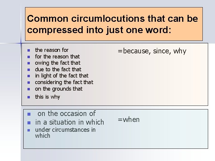 Common circumlocutions that can be compressed into just one word: n the reason for