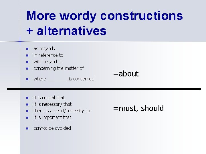 More wordy constructions + alternatives n as regards in reference to with regard to