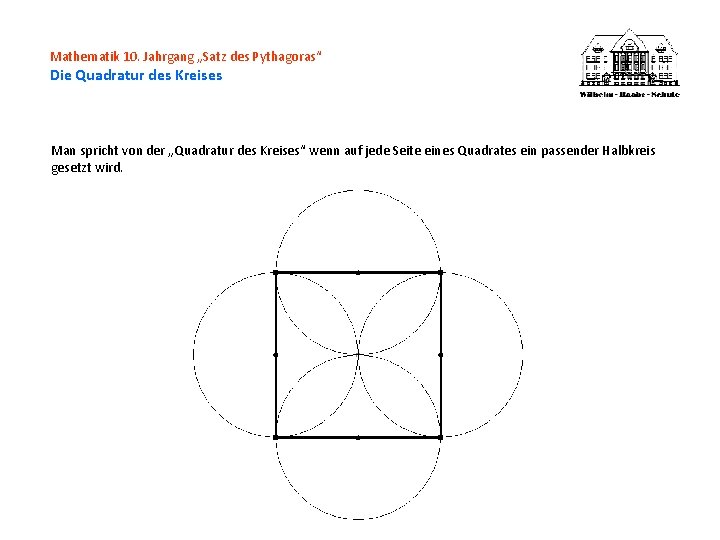 Mathematik 10. Jahrgang „Satz des Pythagoras“ Die Quadratur des Kreises Man spricht von der