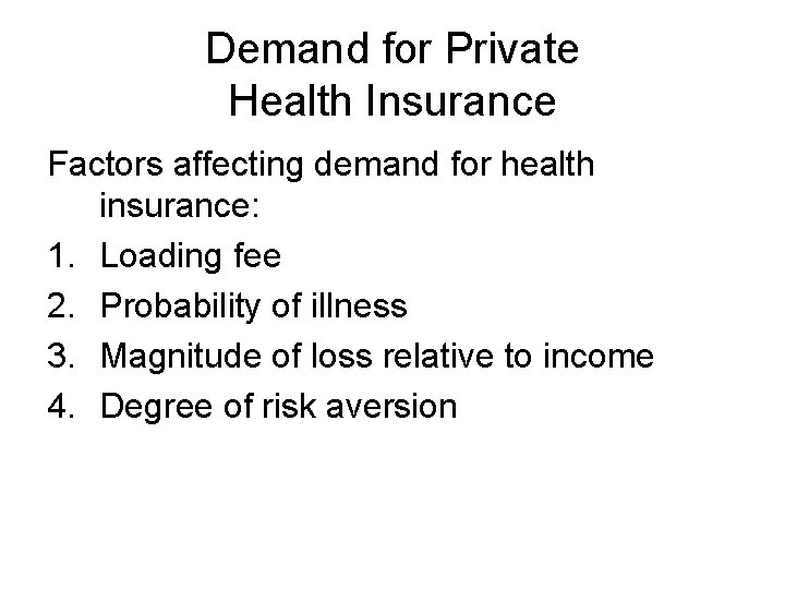 Demand for Private Health Insurance Factors affecting demand for health insurance: 1. Loading fee