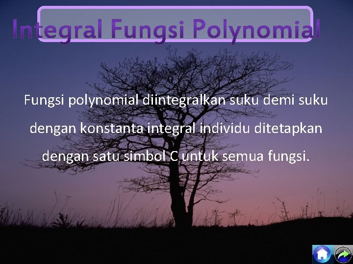 Fungsi polynomial diintegralkan suku demi suku dengan konstanta integral individu ditetapkan dengan satu simbol