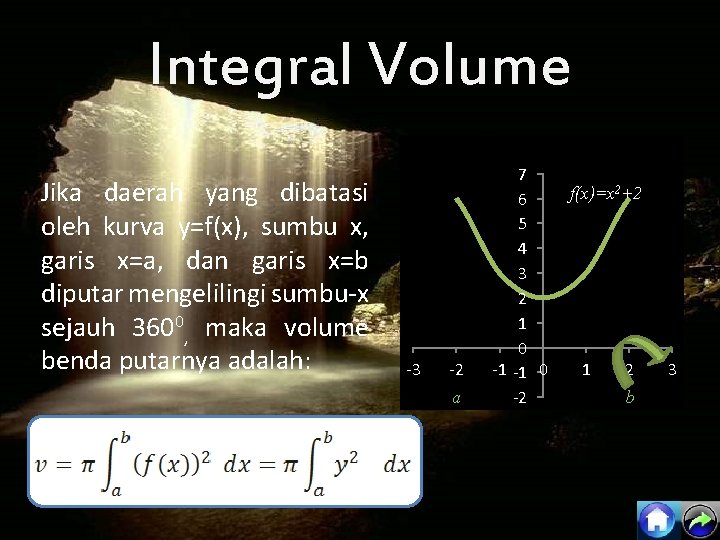 Integral Volume Jika daerah yang dibatasi oleh kurva y=f(x), sumbu x, garis x=a, dan