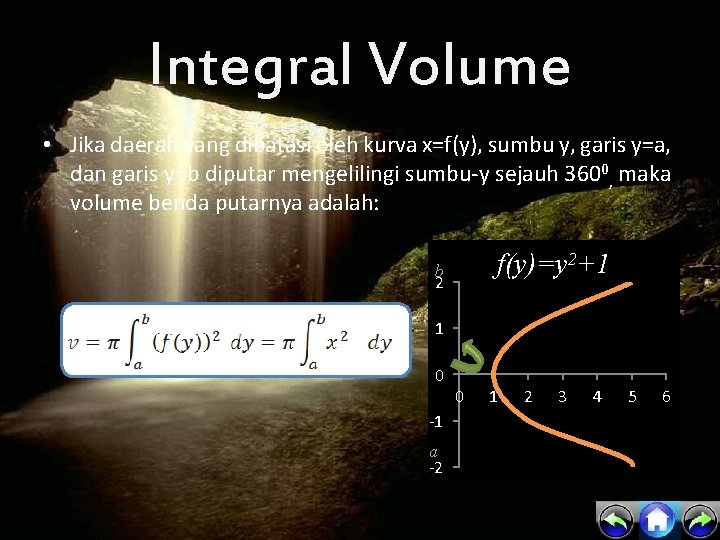 Integral Volume • Jika daerah yang dibatasi oleh kurva x=f(y), sumbu y, garis y=a,