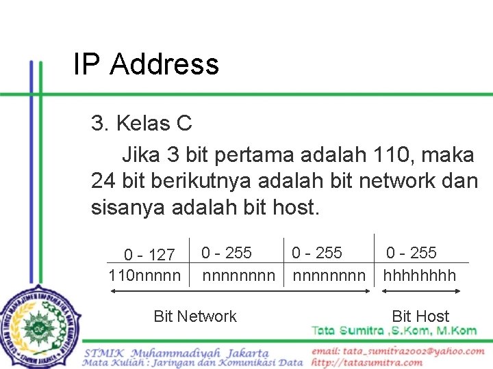 IP Address 3. Kelas C Jika 3 bit pertama adalah 110, maka 24 bit