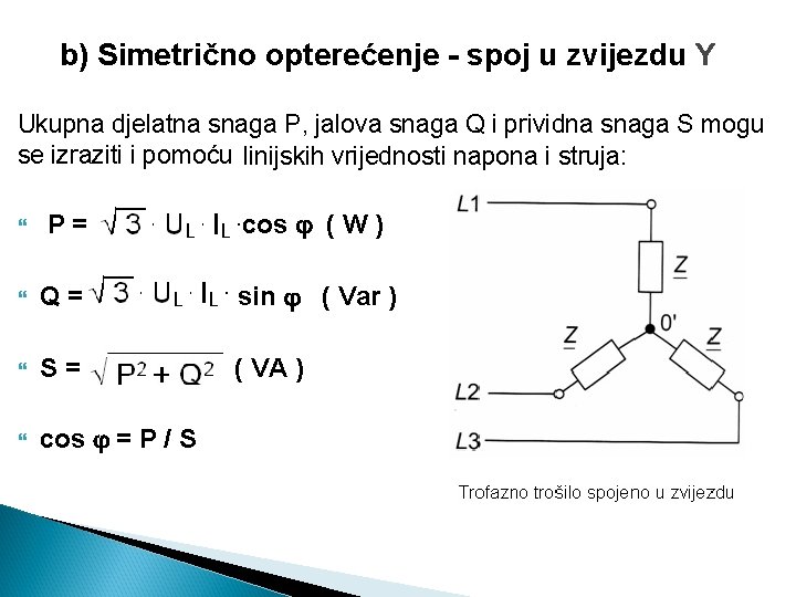 b) Simetrično opterećenje - spoj u zvijezdu Y Ukupna djelatna snaga P, jalova snaga b) Simetrično opterećenje - spoj u zvijezdu Y Ukupna djelatna snaga P, jalova snaga